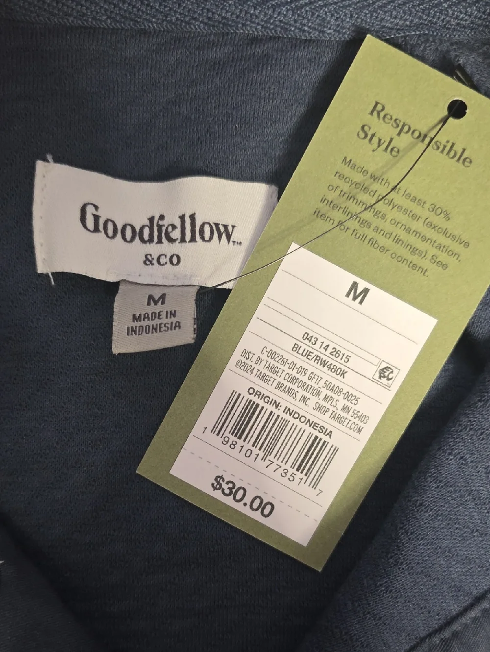 Goodfellow & Co Men's Slate Blue Quilted Mock Neck Four Button Sweatshirt